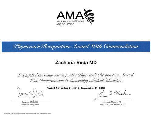 American Medical Association Physician's REcognition Award with Commendation Zacharia Reda MD