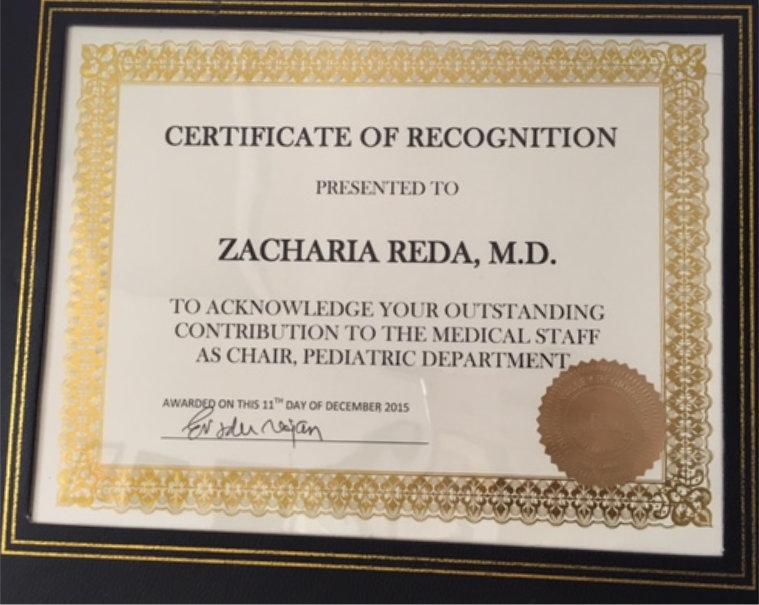 Certificate of Recognition Presented to Zacharia Reda M.D.