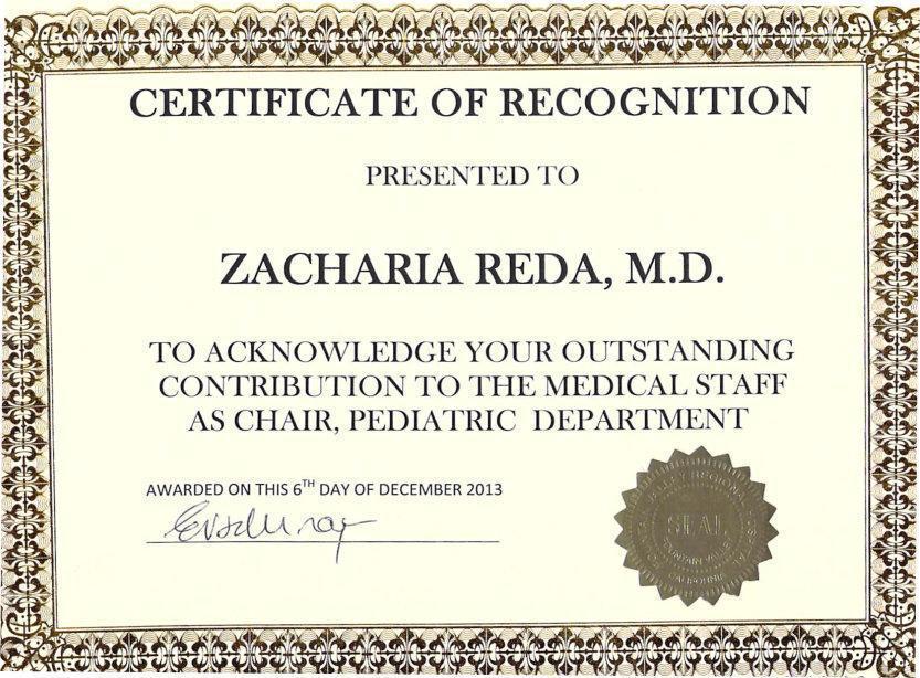 Certificate of Recognition Presented to Zacharia Reda, M.D.