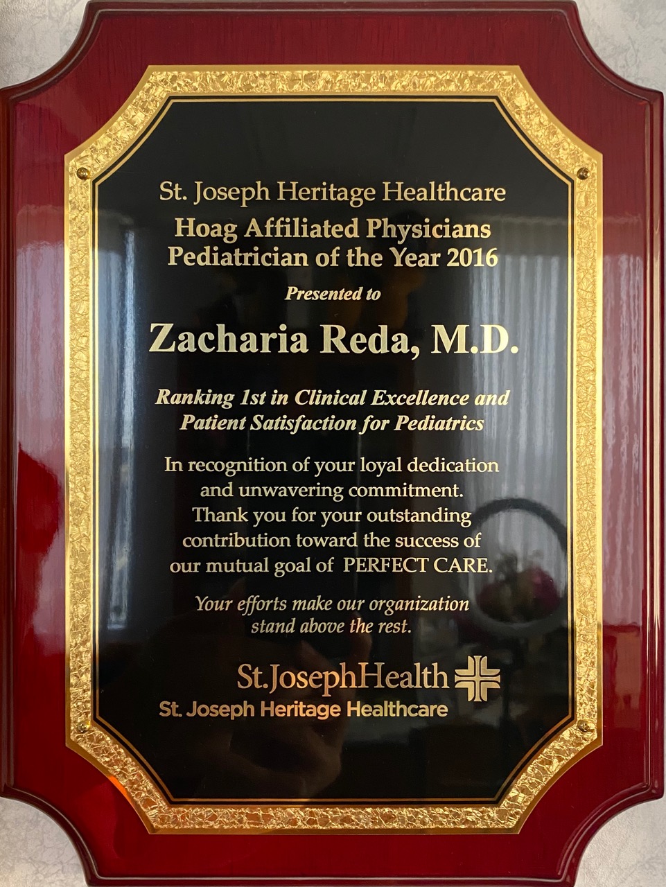 St Joseph Heritage Healthcare Hoag Affiliated Physicians Pediatrician of the Year 2016 Award